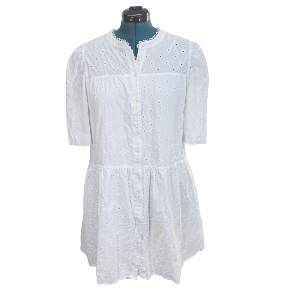 Eyelet Dress XL White Cotton Button Front Mini Boho Chic Cottagecore